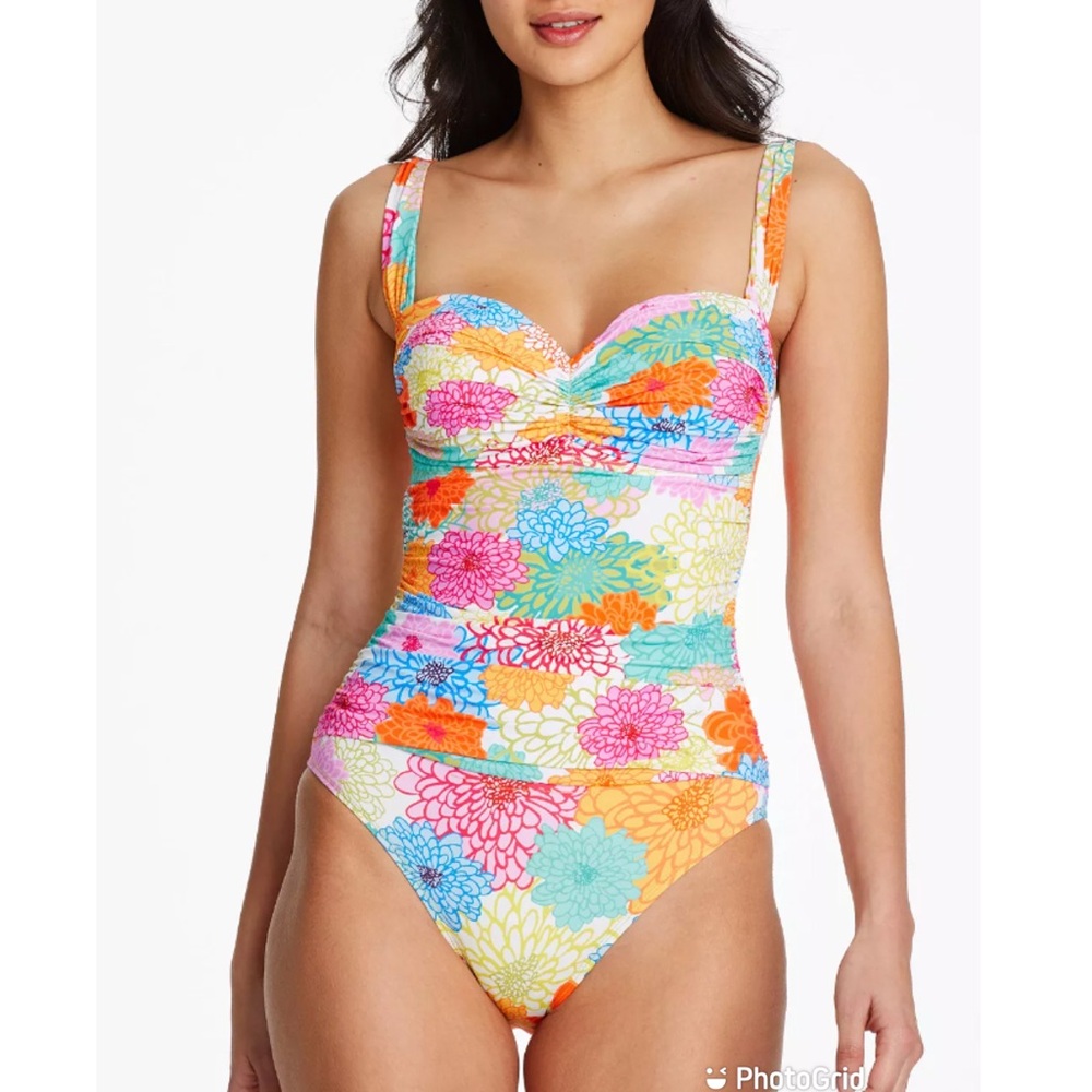 BLEU ROD BEATTIE Shirred One Piece Swimsuit Size 4 Colorful Floral Underwire New